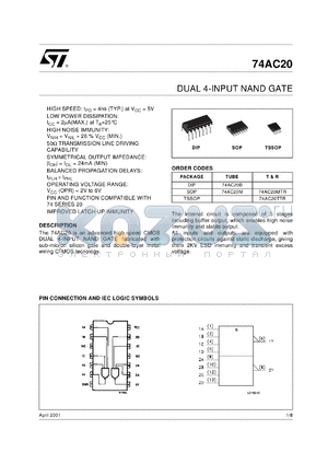 74AC20TTR datasheet - DUAL 4-INPUT NAND GATE