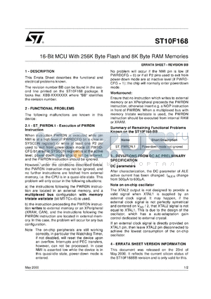 REV datasheet - ST10F168 ERRATA SHEET REVISION BB