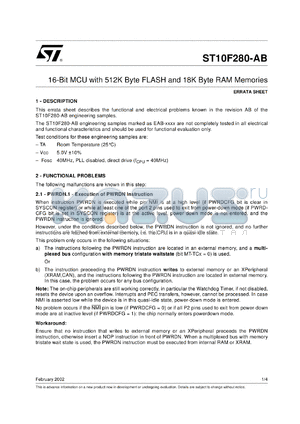 REVISION datasheet - ST10F280 - ERRATA SHEET REVISION AB - FEB 2002