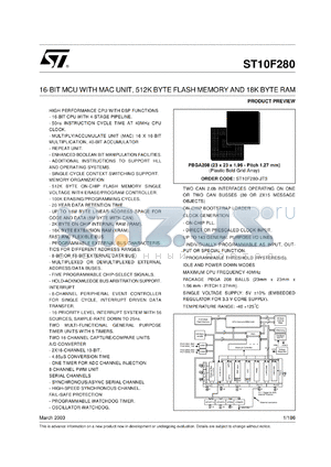 ST10F280_DATASHEET datasheet - 16-BIT MCU WITH MAC UNIT - 5V SINGLE SUPPLY - 18 KB RAM - 512 KB FLASH MEMORY - 2 TIMERS - A/D - ASC/SSC - 2 CAN2.0B - MARCH 2002