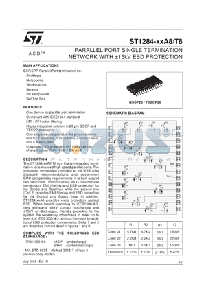 ST1284-01T8 datasheet - PARALLEL PORT SINGLE TERMINATION NETWORK WITH +/-15KV ESD PROTECTION