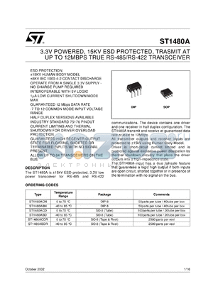 ST1480ABD datasheet - 3.3V POWERED, 15KV ESD PROTECTED, TRANSMIT ANT UP TO 12MBPS TRUE RS-485/RS-422 TRANSCEIVER