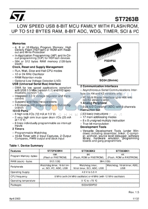 ST72F63BK1 datasheet - LOW SPEED USB 8-BIT MCU FAMILY WITH FLASH/ROM, UP TO 512 BYTES RAM, 8-BIT ADC, WDG, TIMER, SCI & I2C, SO34-PSDIP32