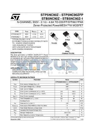 STB5NC90ZT4 datasheet - N-CHANNEL 900V 2.1 OHM 4.6A TO-220 TO-220FP I2PAK D2PAK ZENER-PROTECTED POWERMESH III MOSFET