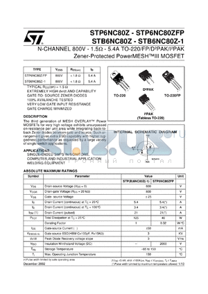 STB6NC80ZT4 datasheet - N-CHANNEL 800V 1.5OHM 5.4A TO-220/TO-220FP/D2PAK/I2PAK/ ZENER-PROTECTED POWERMESH III MOSFET