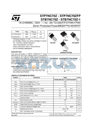 STB7NC70ZT4 datasheet - N-CHANNEL 700V - 1.1 OHM - 6A TO-220/FP/D2PAK/I2PAK ZENER-PROTECTED POWERMESH III MOSFET