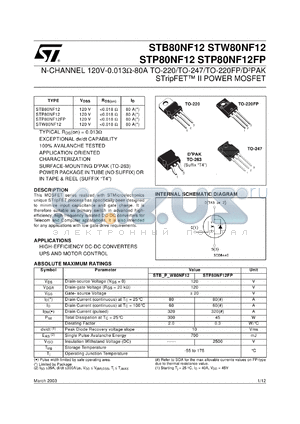STB80NF12 datasheet - N-CHANNEL 120V-0.013OHM-80A TO-220/TO-247/TO-220FP/D2PAK STRIPFET II POWER MOSFET