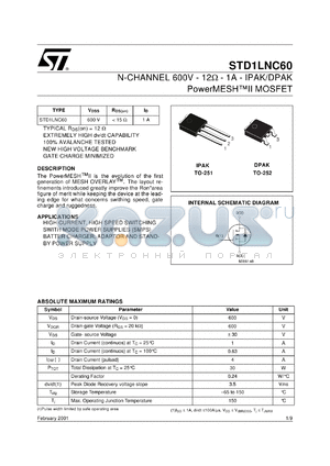 STD1LNC60-1 datasheet - N-CHANNEL 600V 12 OHM 1A DPAK/IPAK POWERMESH II MOSFET