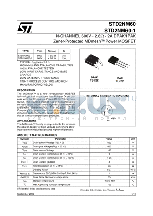 STD2NM60 datasheet - N-CHANNEL 600V - 2.8 OHM - 2A DPAK/IPAK ZENER-PROTECTED MDMESH POWER MOSFET