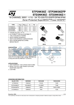 STD3NK90Z datasheet - N-CHANNEL 900V 4.1 OHM 3A TO-220/TO-220FP/DPAK/IPAK ZENER-PROTECTED SUPERMESH POWER MOSFET