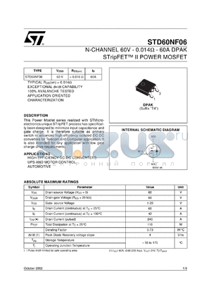 STD60NF06 datasheet - N-CHANNEL 60 V - 0.014 OHM - 60 A DPAK STRIPFET II POWER MOSFET