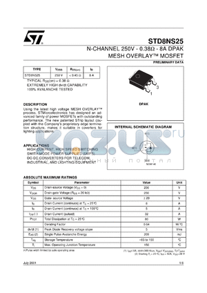 STD8NS25 datasheet - N-CHANNEL 250V 0.38 OHM 8A DPAK MESH OVERLAY MOSFET