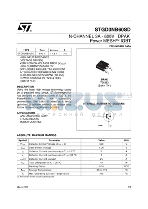 STGD3NB60SDT4 datasheet - N-CHANNEL 3A - 600V DPAK POWERMESH IGBT