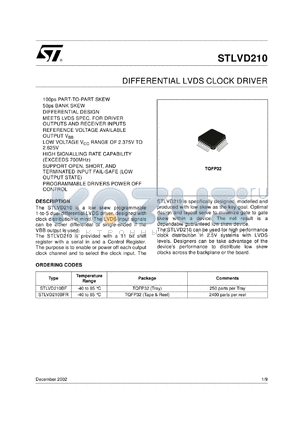 STLVD210BFTR datasheet - DIFFERENTIAL LVDS CLOCK DRIVER