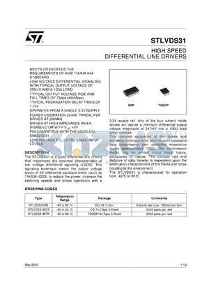 STLVDS3487BTR datasheet - HIGH SPEED DIFFERENTIAL LINE DRIVERS