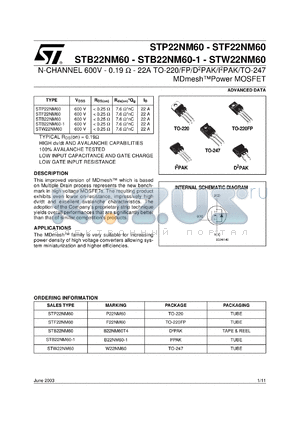 STP22NM60FP datasheet - N-CHANNEL 600 V - 0.19 OHM - 22 A TO-220/FP/D2PAK/I2PAK MDMESH POWER MOSFET