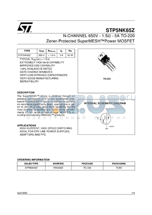 STP5NK65Z datasheet - N-CHANNEL 650V 1.5 OHM 5A TO-220 ZENER-PROTECTED SUPERMESH POWER MOSFET