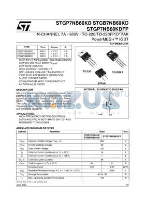 STP7NB60KD datasheet - N-CHANNEL 7A - 600V TO-220/TO-220FP/D2PAK POWERMESH IGBT