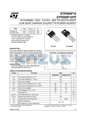 STP80NF10FP datasheet - N-CHANNEL 100V - 0.012 OHM - 80A TO-220/TO-220FP LOW GATE CHARGE STRIPFET II POWER MOSFET