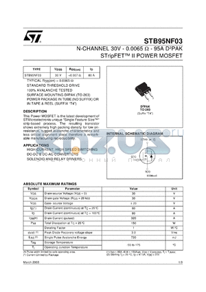 STP95NF03 datasheet - N-CHANNEL 30V - 0.0065 OHM - 95A D2PAK/TO-220/I2PAK STRIPFET II POWER MOSFET