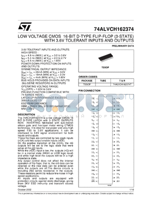 74ALVCH162374TTR datasheet - LOW VOLTAGE CMOS 16-BIT D-TYPE FLIP FLOP (3-STATE) WITH 3.6V TOLERANT INPUTS AND OUTPUTS