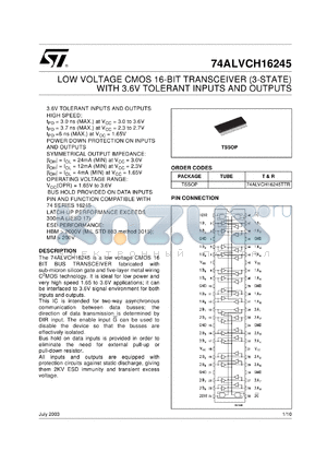 74ALVCH16245T datasheet - LOW VOLTAGE CMOS 16-BIT TRANSCEIVER (3-STATE) WITH 3.6V TOLERANT INPUTS AND OUTPUTS