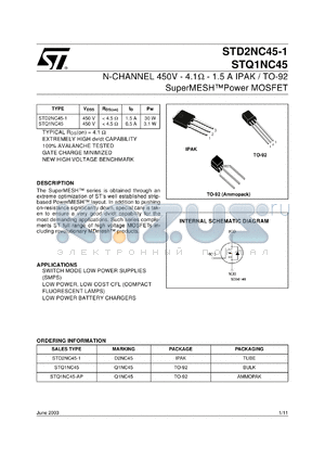 STQ1NC45R datasheet - N-CHANNEL 450V 4.1OHM 1.5A IPAK/TO-92 SUPERMESH POWER MOSFET