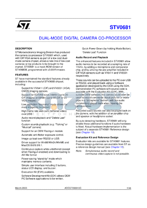 STV0681A datasheet - DUAL MODE DIGITAL CAMERA CHIPSET