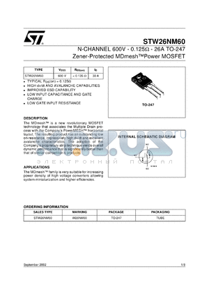 STW26NM60 datasheet - N-CHANNEL 600V - 0.125 OHM - 26A TO-247 ZENER-PROTECTED MDMESH POWER MOSFET