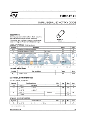 TMMBAT41FILM datasheet - SMALL SIGNAL SCHOTTKY DIODE