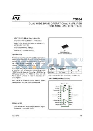 TS634IDT datasheet - DUAL WIDE BAND OPERATIONAL AMPLIFIER FOR ADSL LINE INTERFACE