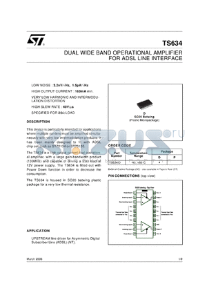 TS634IPT datasheet - DUAL WIDE BAND OPERATIONAL AMPLIFIER FOR ADSL LINE INTERFACE