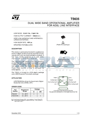 TS635IDT datasheet - DUAL WIDE BAND OPERATIONAL AMPLIFIER FOR ADSL LINE INTERFACE