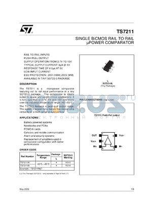 TS7211BILT datasheet - SINGLE BICMOS RAIL TO RAIL %B5POWER COMPARATOR