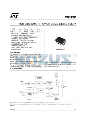 VN31SP13TR datasheet - ISO HIGH SIDE SMART POWER SOLID STATE RELAY