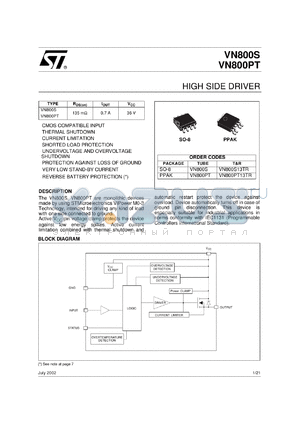 VN800PT13TR datasheet - HIGH SIDE DRIVER