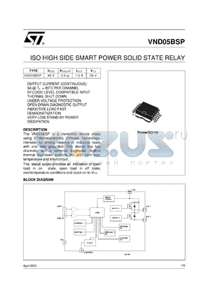 VND05BSP13TR datasheet - DOUBLE CHANNEL HIGH SIDE SMART POWER SOLID STATE RELAY