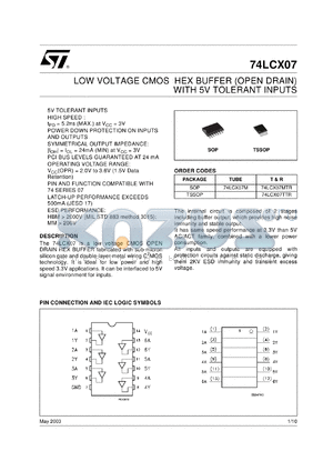 74LCX07M datasheet - LOW VOLTAGE HEX BUFFER (OPEN DRAIN) WITH 5V TOLERANT INPUTS