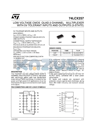 74LCX257TTR datasheet - LOW VOLTAGE QUAD 2 CHANNEL MULTIPLEXER WITH 5V TOLERANT INPUTS AND OUTPUTS (3-STATE)