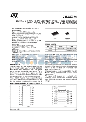 74LCX374MTR datasheet - D-TYPE FLIP FLOP NON INVERTING WITH 5V TOLERANT INPUT AND OUTPUT