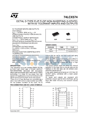 74LCX574M datasheet - D-TYPE FLIP FLOP NON INVERTING WITH 5V TOLERANT INPUT AND OUTPUT