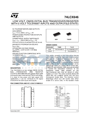 74LCX646M datasheet - CMOS OCTAL BUS TRANSCEIVER/REGISTER WITH 5V TOLERANT INPUT AND OUTPUT