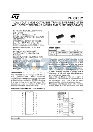 74LCX652M datasheet - CMOS OCTAL BUS TRANSCEIVER/REGISTER WITH 5V TOLERANT INPUT AND OUTPUT