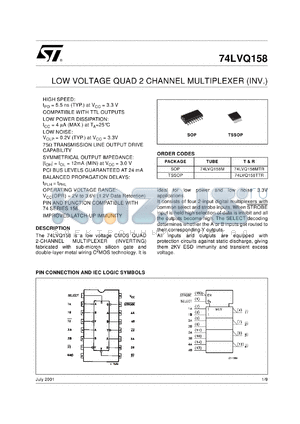 74LVQ158M datasheet - LOW VOLTAGE QUAD 2 CHANNEL MULTIPLEXER (INV.)