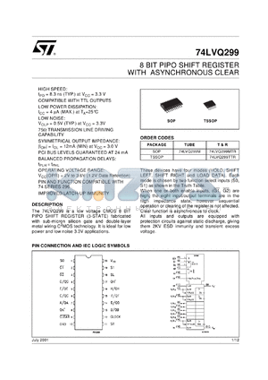 74LVQ299MTR datasheet - 8 BIT PIPO SHIFT REGISTER WITH ASYNCHRONOUS CLEAR