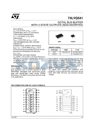 74LVQ541M datasheet - OCTAL BUS BUFFER WITH 3-STATE OUTPUTS (NON INVERTED)