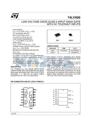 74LVX00MTR datasheet - LOW VOLTAGE CMOS QUAD 2-INPUT NAND GATE