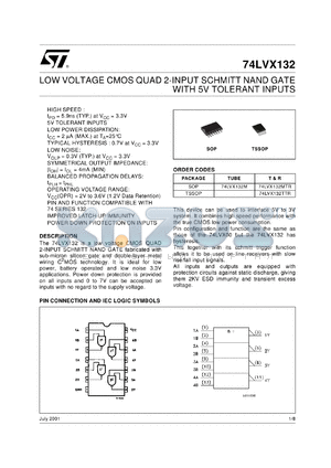 74LVX132TTR datasheet - LOW VOLTAGE QUAD 2-INPUT SCHMITT NAND GATE