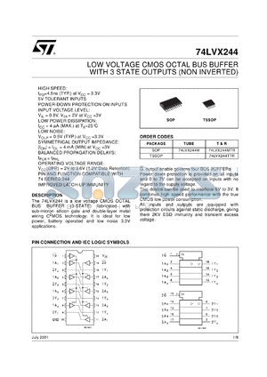 74LVX244MTR datasheet - LOW VOLTAGE OCTAL BUS BUFFER WITH 3 STATE OUTPUTS (NON INVERTED)