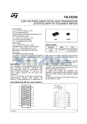 74LVX245TTR datasheet - LOW VOLTAGE CMOS OCTAL BUS TRANSCEIVER (3-STATE)